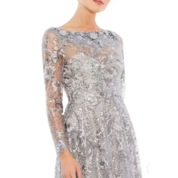Floral Embroidered Sequin Illusion Boat Neck Long Sleeve Gown NWOT - Picture 3 of 7
